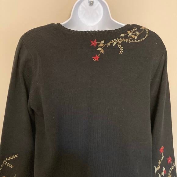 Peruvian Connection Black Floral Trim Pima Cotton Sweater Cardigan Size Large - Picture 7 of 16